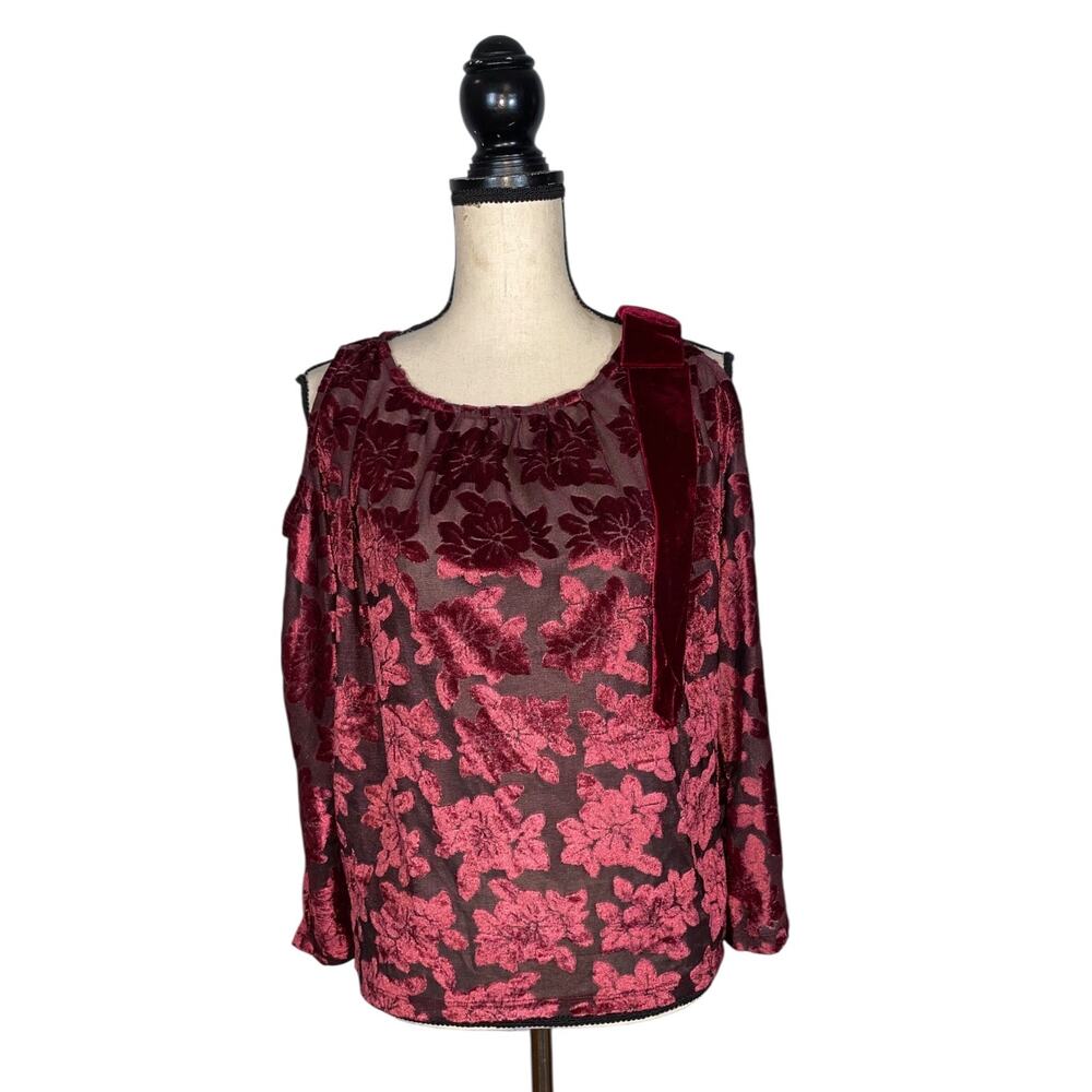 Paul Brial Red Floral Embossed Cold Shoulder Bow Trim Blouse    Size: 1 / US 6